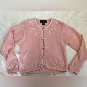 Vintage Pink Embroidered Orvis Cardigan Sweater